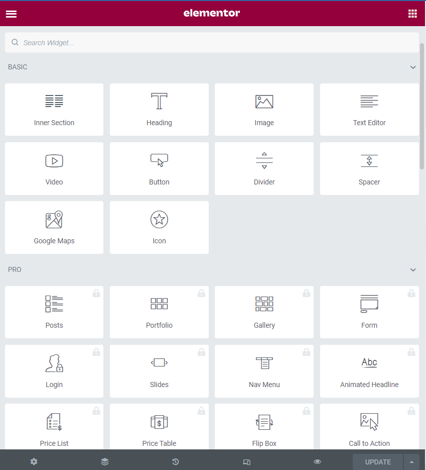 Screenshot of the widgets section of Elementor.