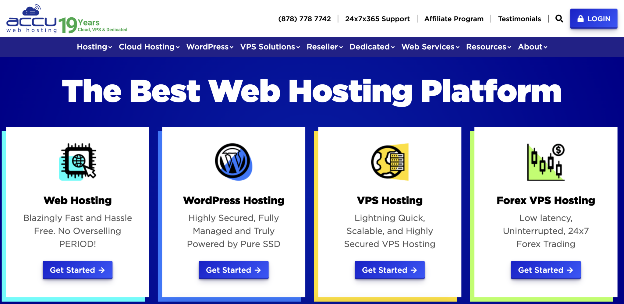 Screenshot of the Accuweb hosting homepage.