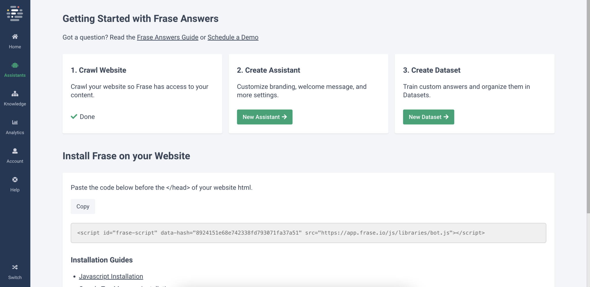 Screenshot of Frase answers chatbot tool.