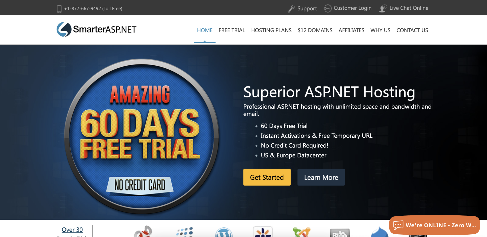 Screenshot of the SmarterASP web hosting homepage.