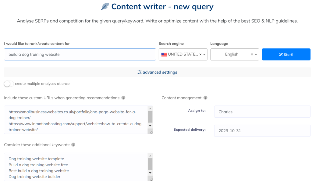 neuronwriter review: content writer new query screenshot