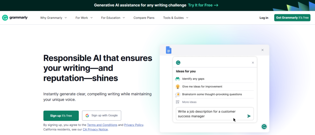 grammarly for content writers - homepage screenshot