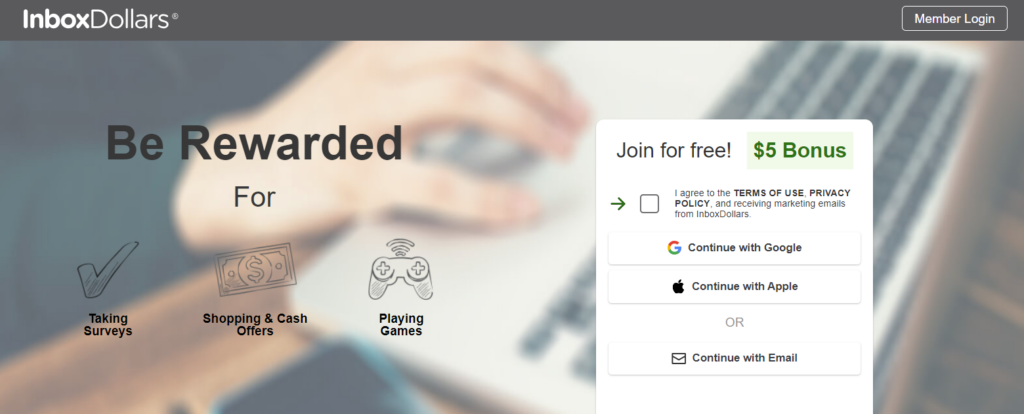 inbox dollars homepage screenshot - rewarded play alternative