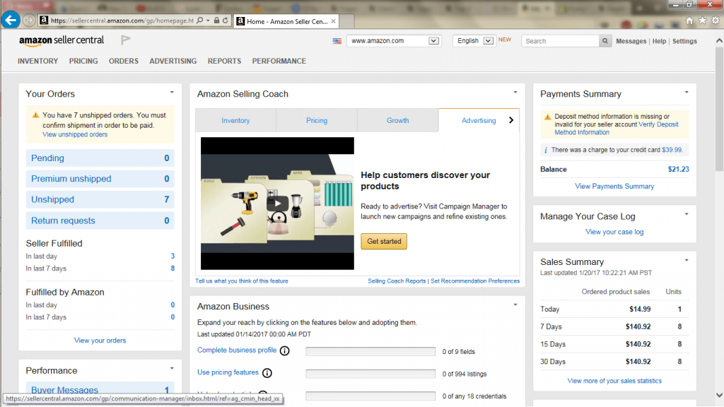 Amazon seller central screenshot