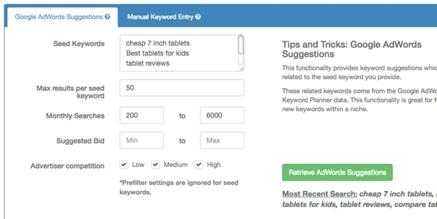 Retrieve Adwords Suggestions