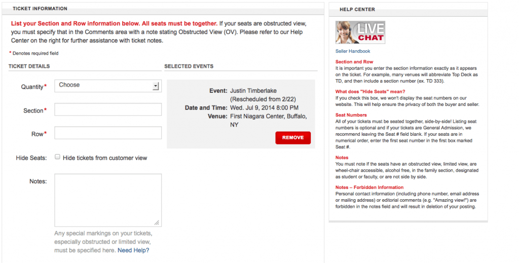 Fill in these sections to get started reselling concert tickets on VividSeats