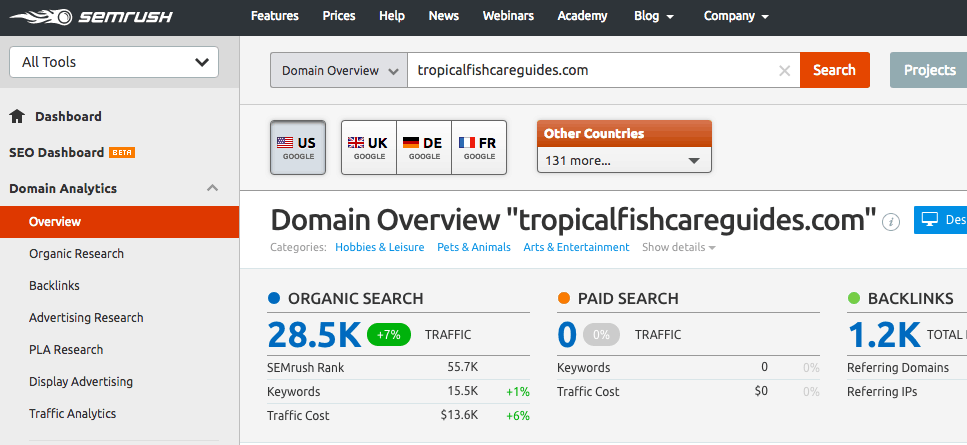 Domain Overview in SEMRush