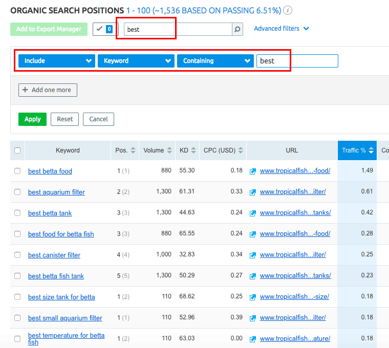 SEMRush Filtering