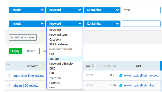 SEMRush Filtering