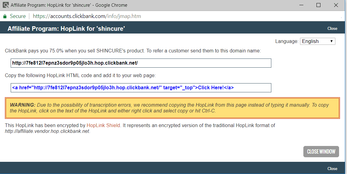 ClickBank link screenshot
