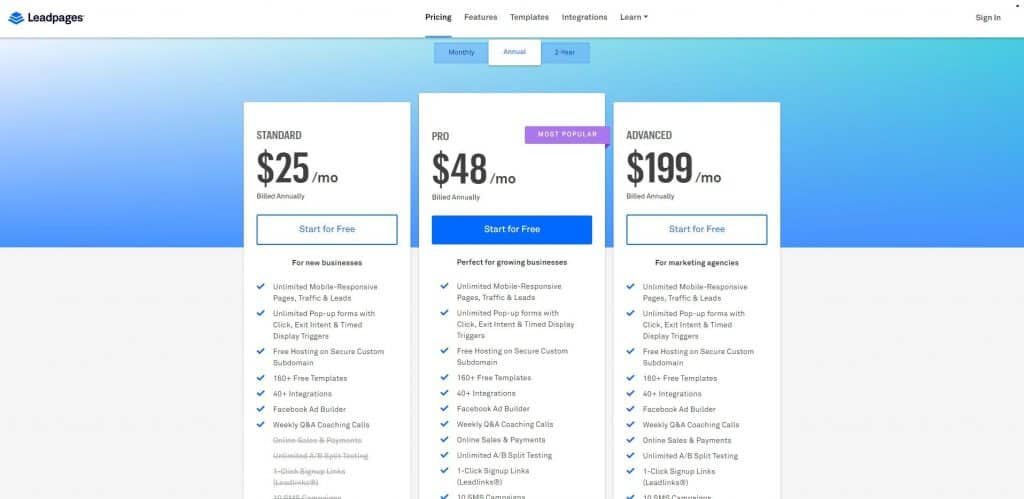 leadpages review: Pricing screenshot