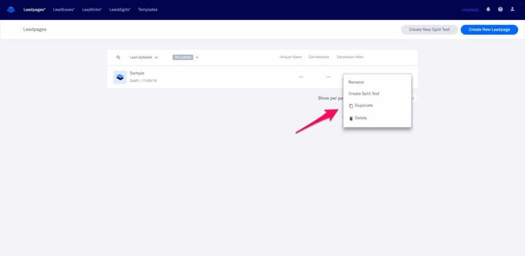 leadpages review: Split Test Option screenshot