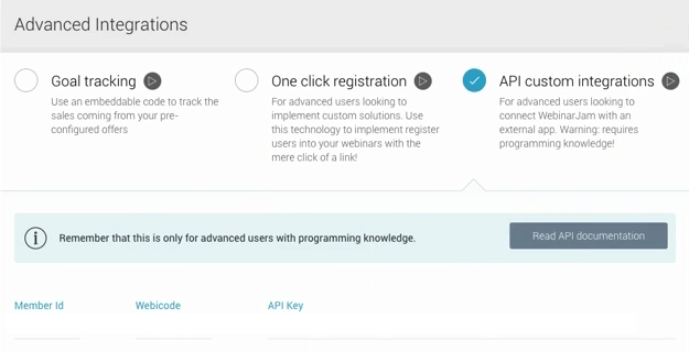 webinarjam review: screenshot of advanced integrations for goal tracking, one click registration and api custom integrations