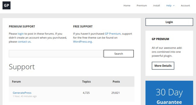 screenshot of support options for gp premium plugin and generatepress free version