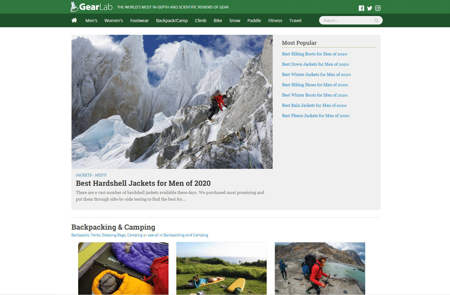 outdoor gear lab homepage screenshot