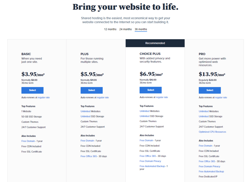 bluehost blog hosting plans