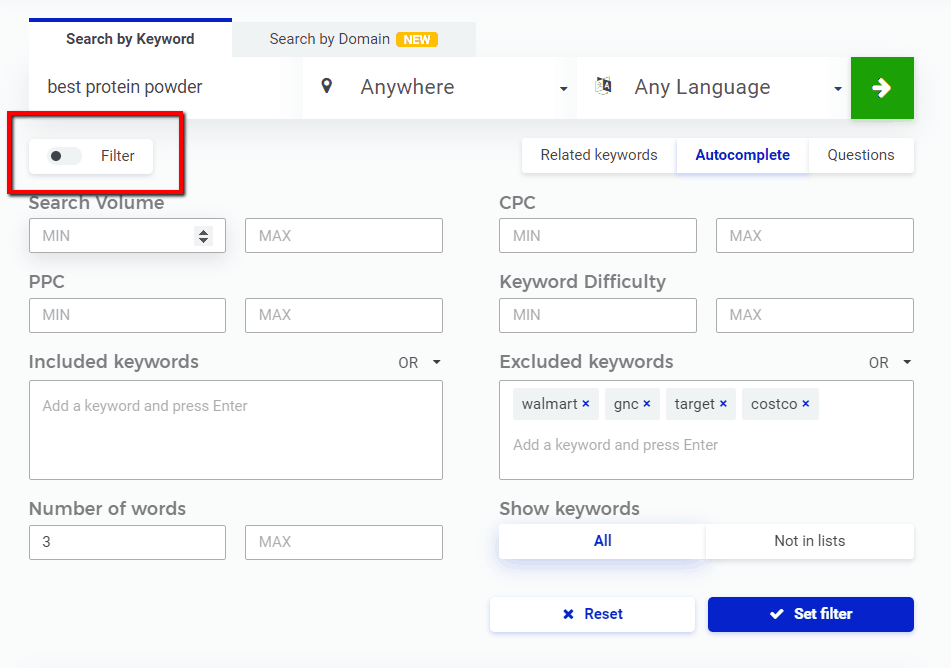 kwfinder keyword filter