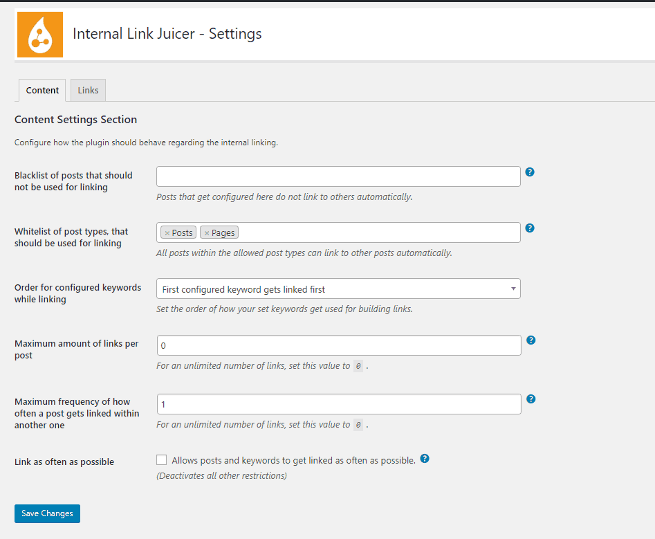 internal link juicer settings
