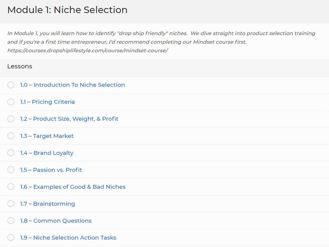dropship lifestyle module 1 lessons