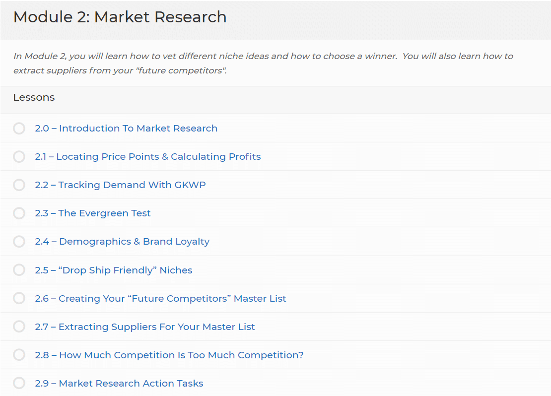 dropship lifestyle module 2 lesson list