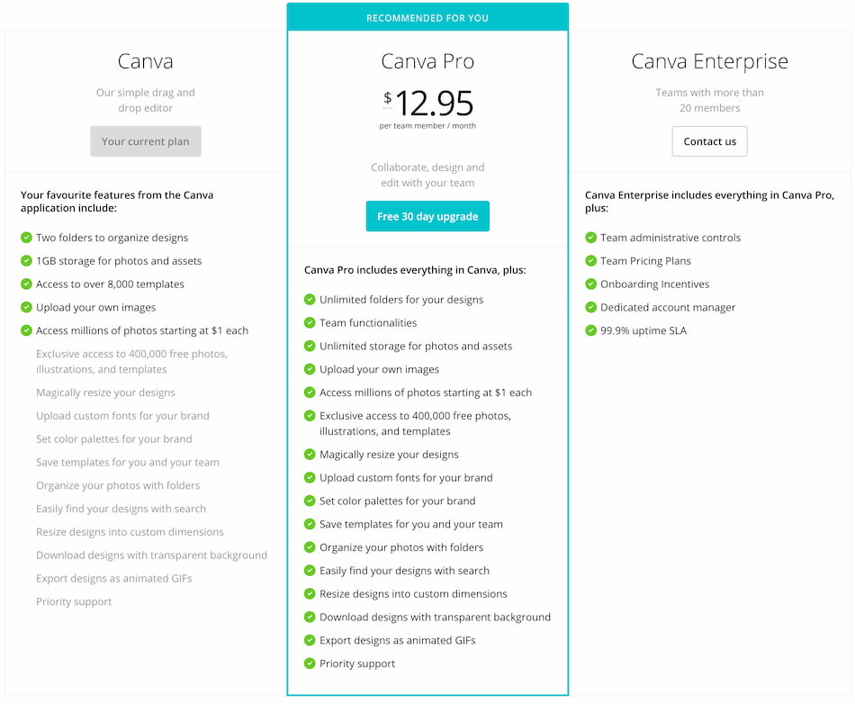 Canva Pricing Chart