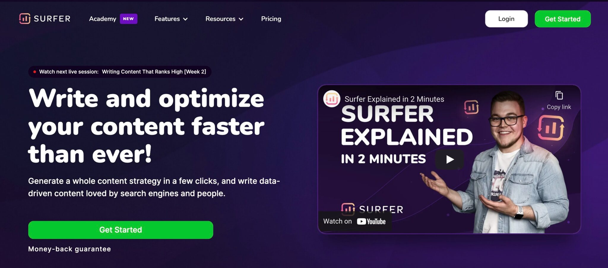 how long should a blog post be? SurferSEO will give you the answer. Screenshot of Surfer homepage