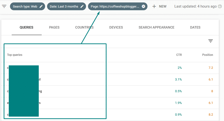 google search console performance queries for specific page