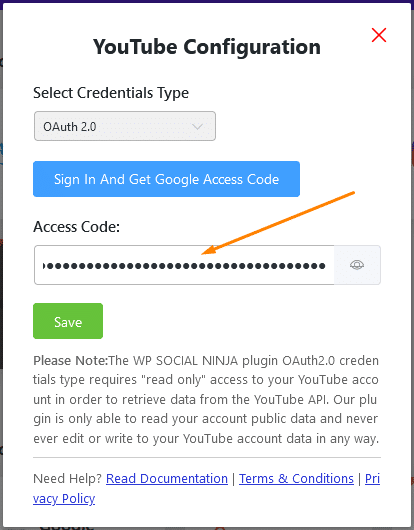 paste auth code in yt settings