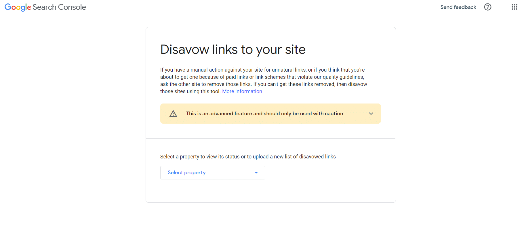 Screenshot of Google Search Console disavow tool.