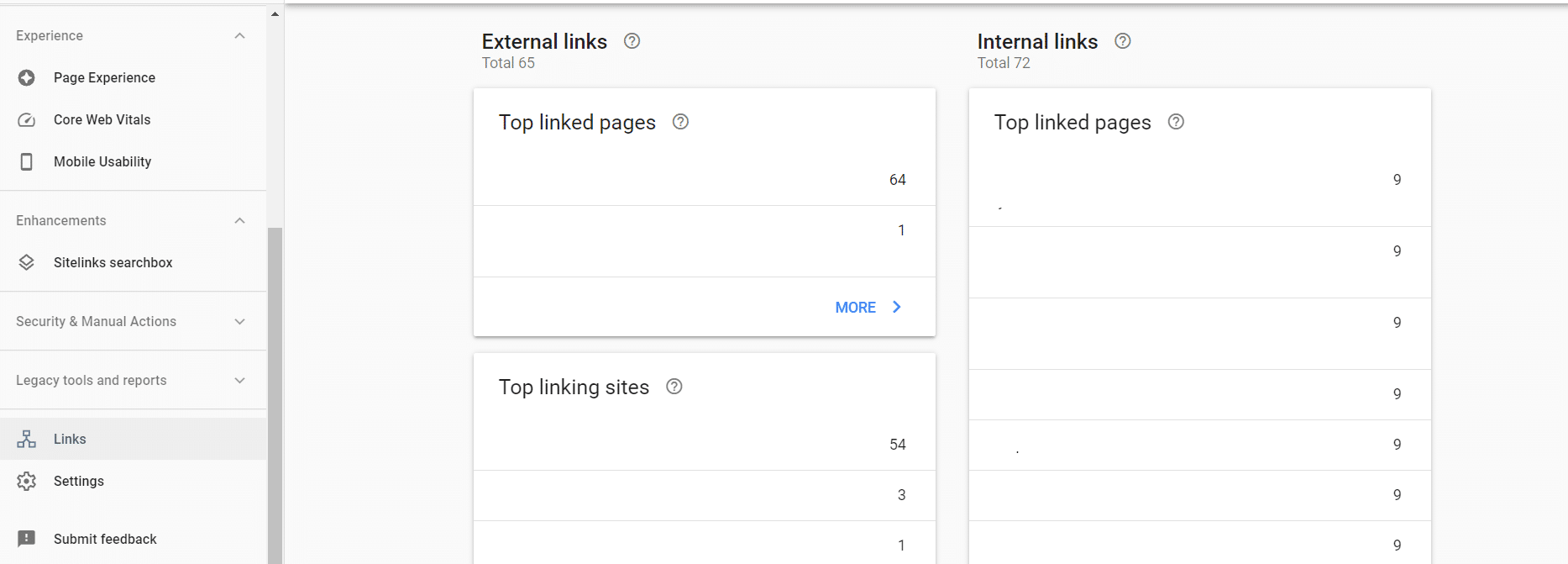 Google search console link information.