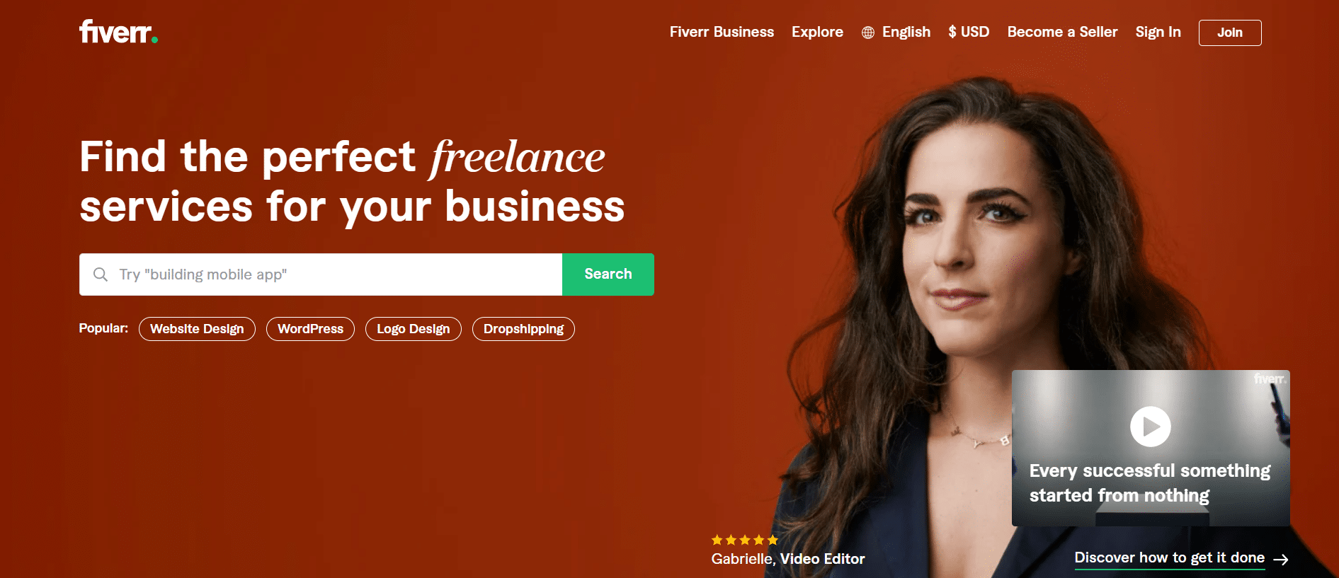 Freelance Graphic Designer Websites: Screenshot of Fiverr homepage. 