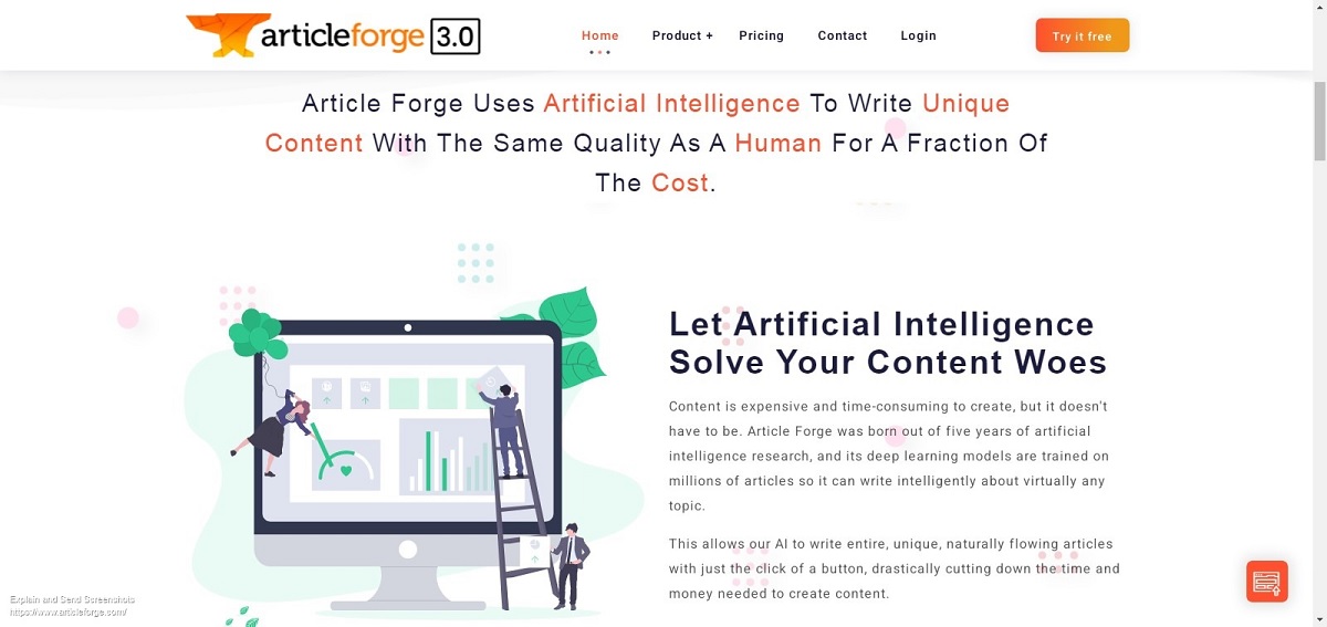 Article Forge Landing page