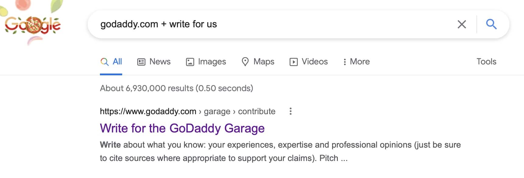 Image showing a Google Search with the text "Godaddy.com + write for us" 