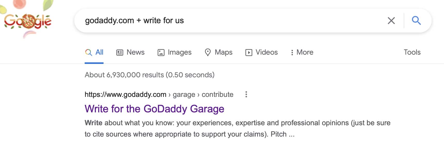 Image showing a Google Search with the text "Godaddy.com + write for us"