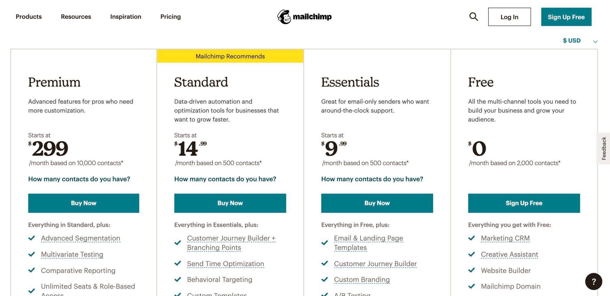mailchimp offers 4 Pricing plans