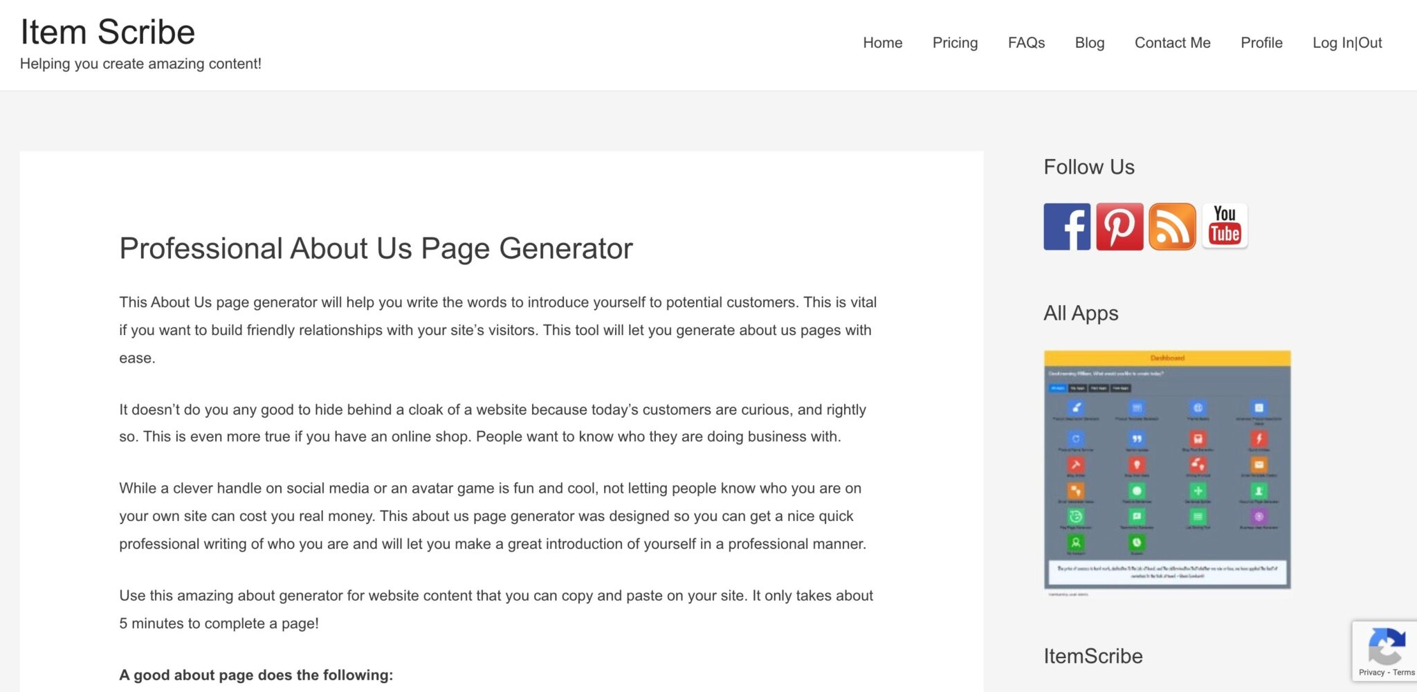 ItemScrive About Us Generator