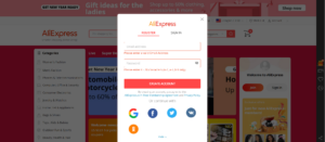 Screenshot of the AliExpress sign up screen.