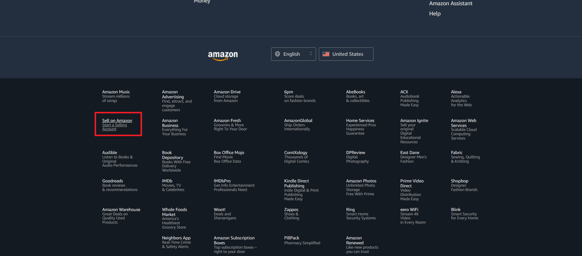 Screenshot of the Amazon homepage footer.