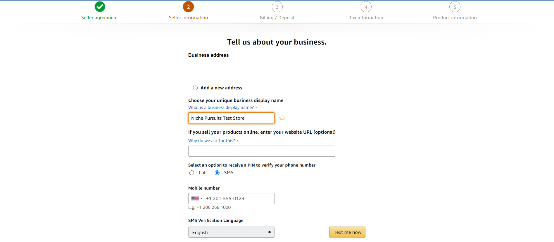 Screenshot of the Amazon sellers account sign up form.