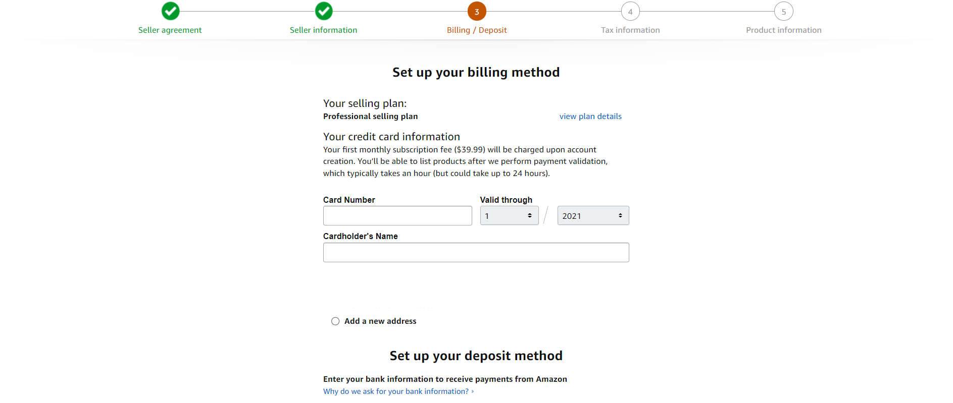 Screenshot of the Amazon sellers account payment details form.