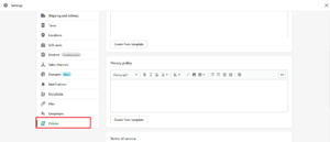 Screenshot of the Shopify store policies set up page.