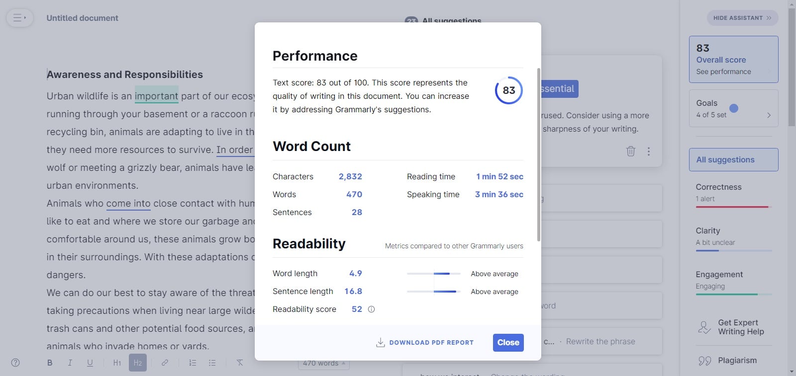 Grammarly score - Writesonic review