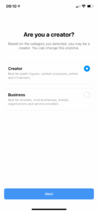 Select "creator" for your Instagram profile