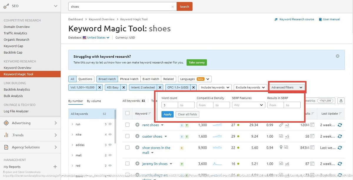 Keyword Magic tool after advanced filters