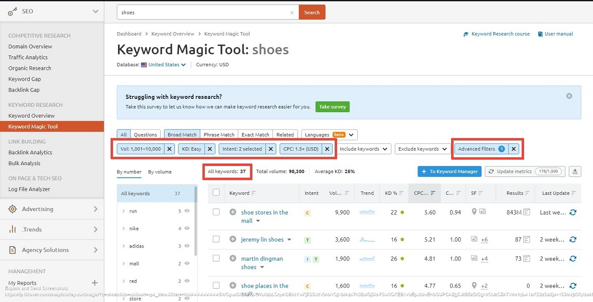 Keyword Magic tool after all filters
