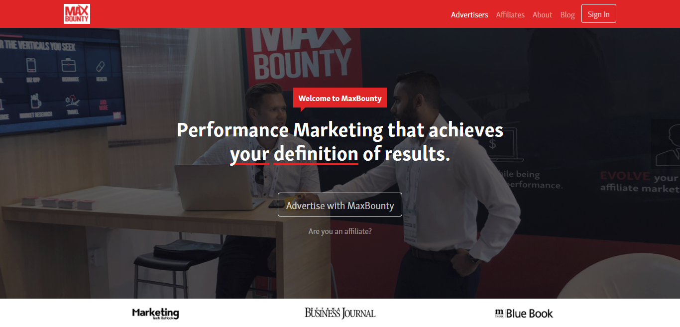 MaxBounty review - homepage screenshot