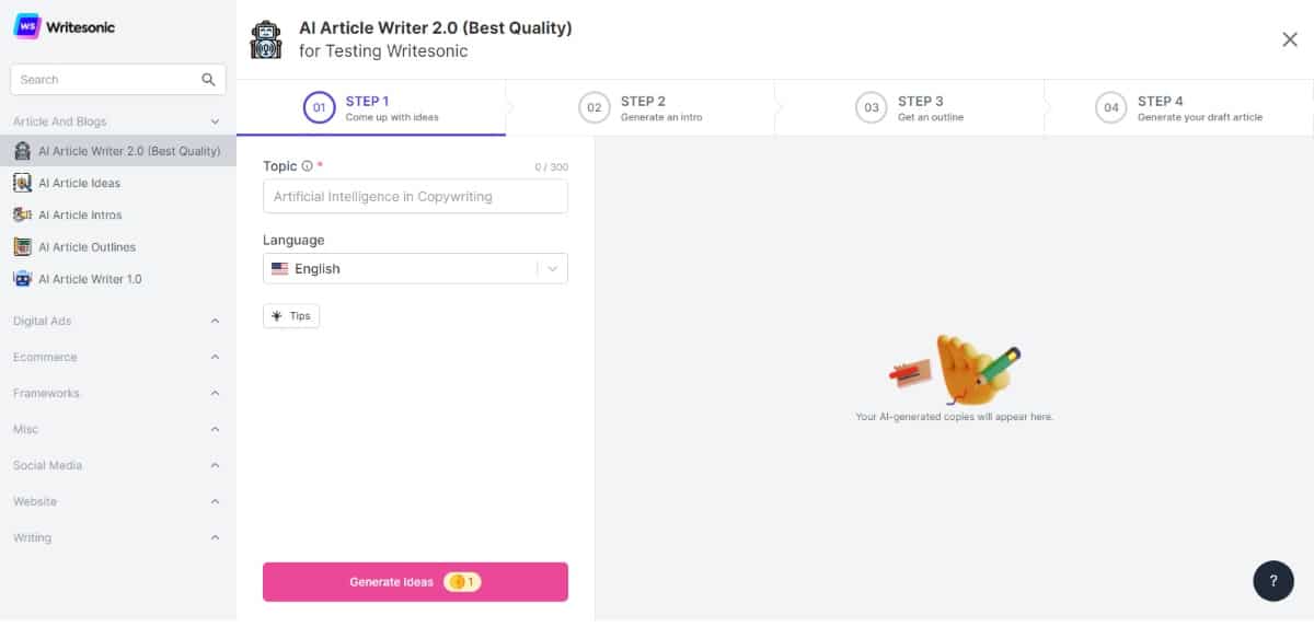 Writesonic Article Writer steps