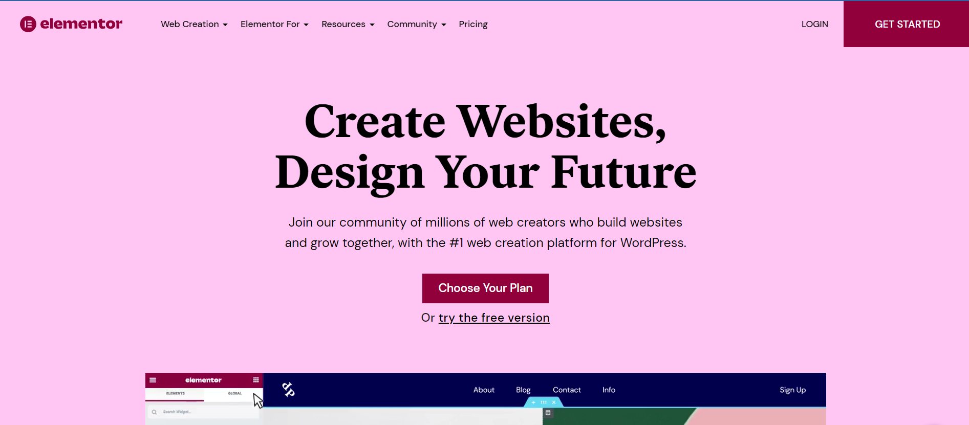 Screenshot of the Elementor home page.