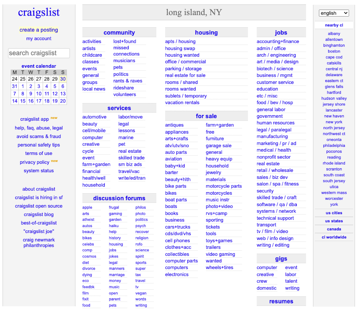 Craigslist regional landing page