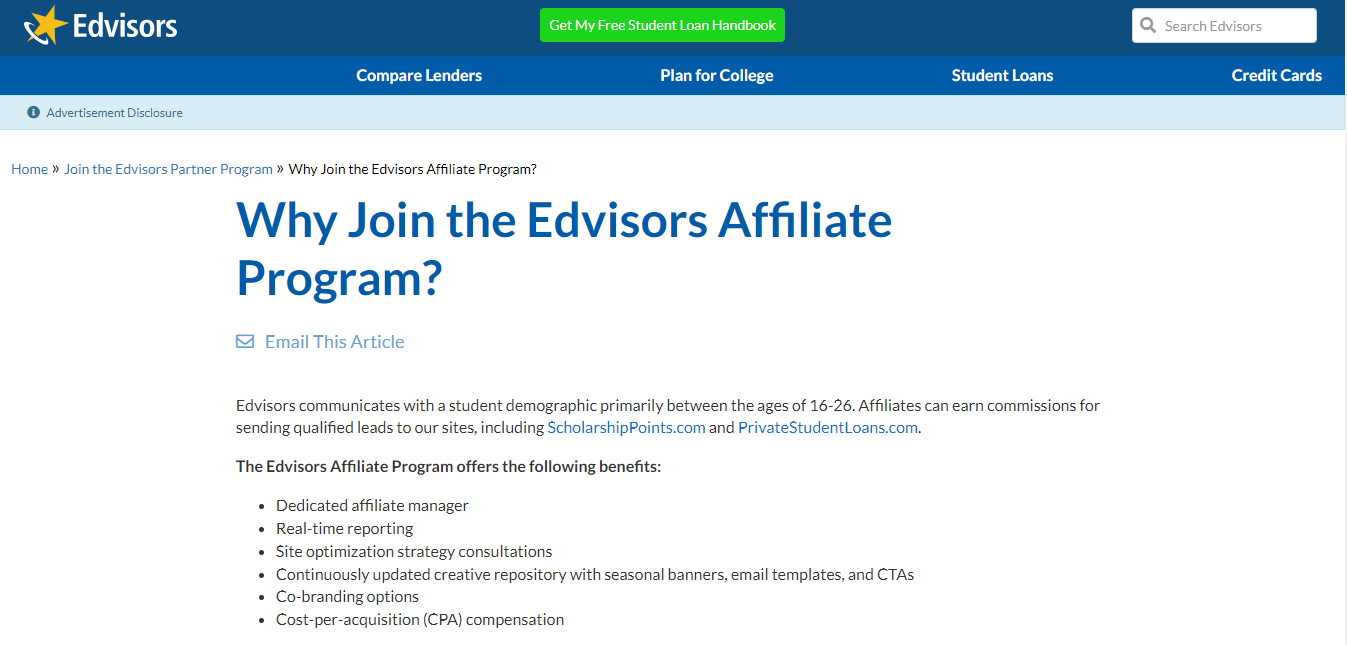 Edvisors personal loan affiliate programs screenshot